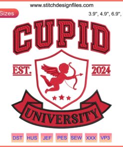 Cupid University Est. 2024 Embroidery Design - Valentine's Day themed digital stitching with heart and arrow motifs.