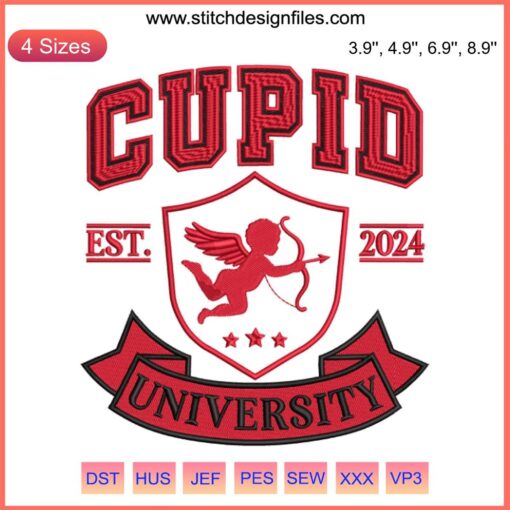 Cupid University Est. 2024 Embroidery Design - Valentine's Day themed digital stitching with heart and arrow motifs.