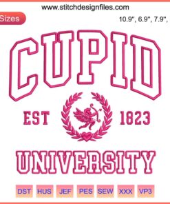 Cupid University Est. 1823 embroidery design in red; Valentine's Day digital stitching with heart and arrow motif.