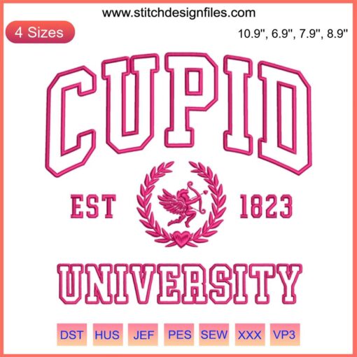 Cupid University Est. 1823 embroidery design in red; Valentine's Day digital stitching with heart and arrow motif.