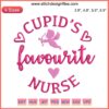 Cupid's Favorite Nurse Embroidery Design: Valentine's Day heart, arrow, nurse hat, red accents; digital stitching pattern.