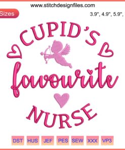 Cupid's Favorite Nurse Embroidery Design: Valentine's Day heart, arrow, nurse hat, red accents; digital stitching pattern.