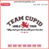 Valentine's Day Team Cupid embroidery design featuring "Team Cupid World Tour" text in red and pink for digital stitching projects.