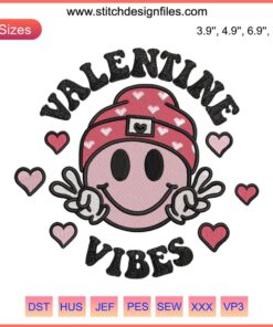 Valentine Vibes Smiley Face Embroidery Design: Cute Valentine's Day digital stitching pattern with heart eyes and cheerful smile.