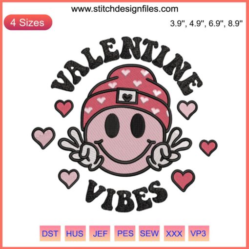 Valentine Vibes Smiley Face Embroidery Design: Cute Valentine's Day digital stitching pattern with heart eyes and cheerful smile.