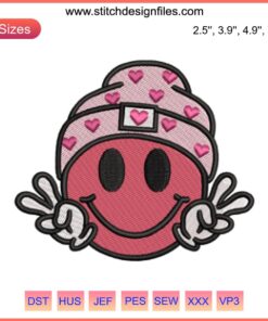 Smiley Face Heart Hat Embroidery Design, Valentine's Day Stitching, Cute Digital Pattern for Sewing Lovers