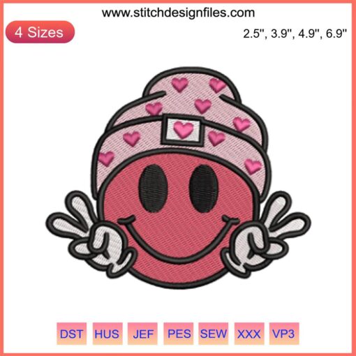 Smiley Face Heart Hat Embroidery Design, Valentine's Day Stitching, Cute Digital Pattern for Sewing Lovers