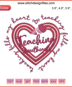 Teaching Sweethearts Teacher Embroidery Design featuring playful heart motifs, perfect for Valentine's Day stitching projects.