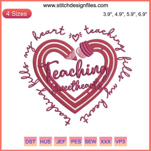 Teaching Sweethearts Teacher Embroidery Design featuring playful heart motifs, perfect for Valentine's Day stitching projects.