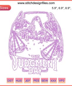Judgment Day Wings Embroidery Design: Intricate Logo Digital Stitching, perfect for unique branding and themed apparel crafting.
