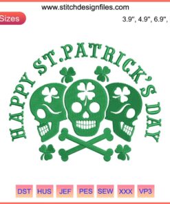 Irish Skull Happy St. Patrick's Day Embroidery Design featuring a green skull with Celtic motifs and shamrocks. Ideal for festive stitching.