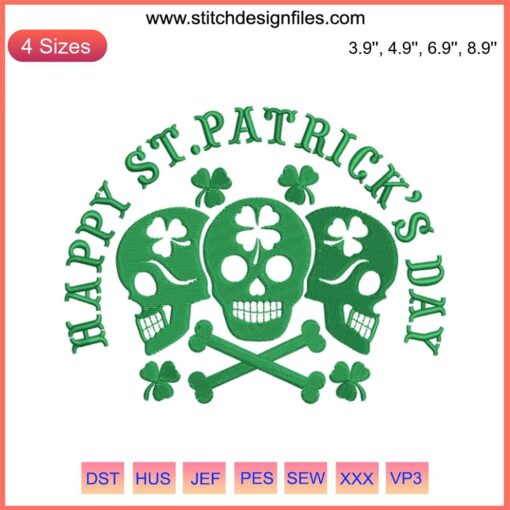 Irish Skull Happy St. Patrick's Day Embroidery Design featuring a green skull with Celtic motifs and shamrocks. Ideal for festive stitching.