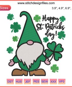 Gnome Happy St. Patrick's Day Embroidery Design featuring a Saint Gnome with a Lucky Clover, ideal for festive stitching projects.