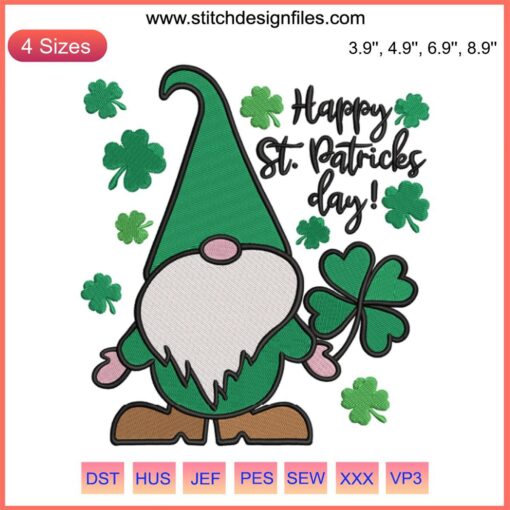 Gnome Happy St. Patrick's Day Embroidery Design featuring a Saint Gnome with a Lucky Clover, ideal for festive stitching projects.