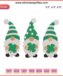 St. Patrick's Day Gnome Embroidery Design featuring a Lucky Clover Shamrock for festive digital stitching projects.