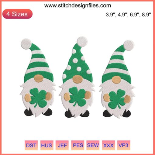 St. Patrick's Day Gnome Embroidery Design featuring a Lucky Clover Shamrock for festive digital stitching projects.