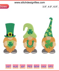 Charming gnomes with shamrocks, St. Patrick's Day embroidery pattern, festive stitches, digital download, Lucky Gnomes art.