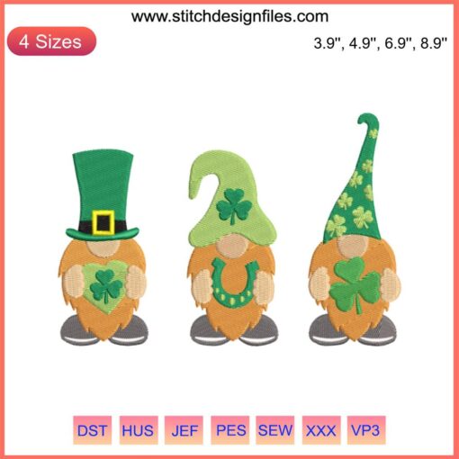 Charming gnomes with shamrocks, St. Patrick's Day embroidery pattern, festive stitches, digital download, Lucky Gnomes art.