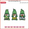 St. Patrick's Day Gnomes Embroidery Design: Festive digital stitching featuring whimsical gnomes with shamrocks. Ideal holiday gift.