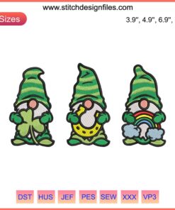 St. Patrick's Day Gnomes Embroidery Design: Festive digital stitching featuring whimsical gnomes with shamrocks. Ideal holiday gift.