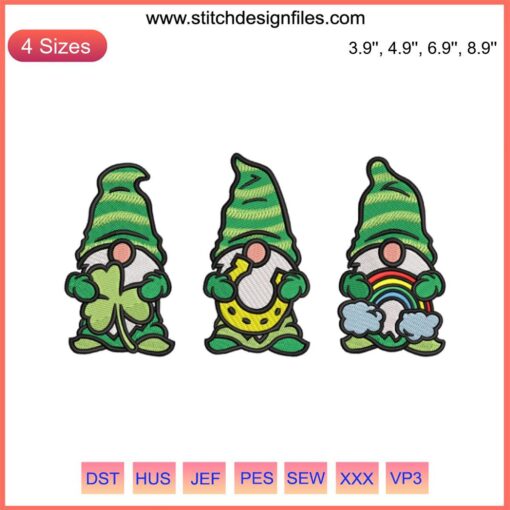 St. Patrick's Day Gnomes Embroidery Design: Festive digital stitching featuring whimsical gnomes with shamrocks. Ideal holiday gift.