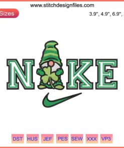 Nike gnome holding shamrock embroidery design; St. Patrick's Day digital stitching; festive, unique pattern