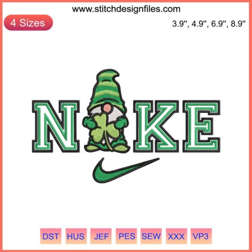 Nike gnome holding shamrock embroidery design; St. Patrick's Day digital stitching; festive, unique pattern