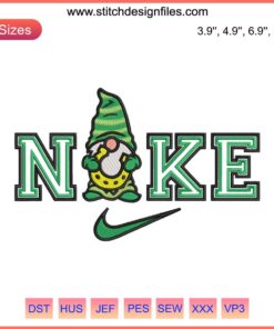 Nike Gnome Holding Horseshoe Embroidery Design | St. Patrick's Day Digital Stitching | Lucky Gnome Art | Festive Embroidery Pattern