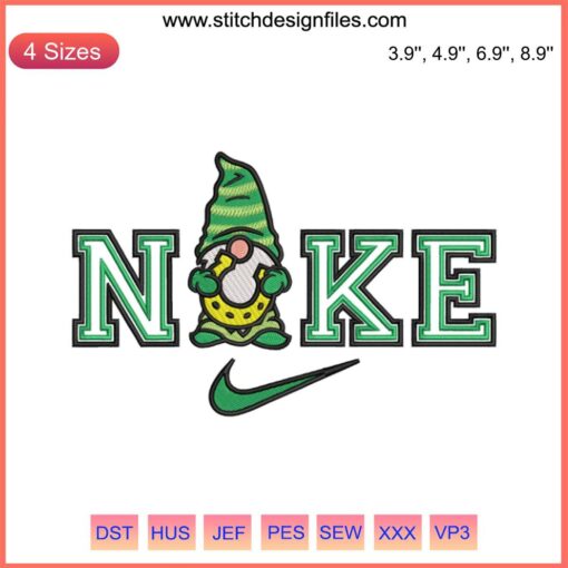 Nike Gnome Holding Horseshoe Embroidery Design | St. Patrick's Day Digital Stitching | Lucky Gnome Art | Festive Embroidery Pattern