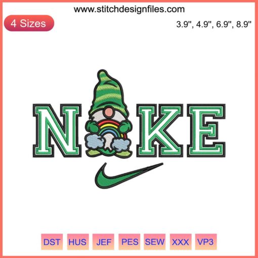 Nike Gnome Holding Rainbow Embroidery | St. Patrick's Day Digital Design | Fun Stitching Decor | Festival Craft Pattern