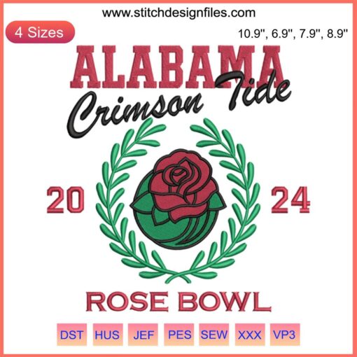 Alabama Crimson Tide Rose Bowl 2024 Embroidery Design featuring football, floral motifs, and digital stitching pattern.