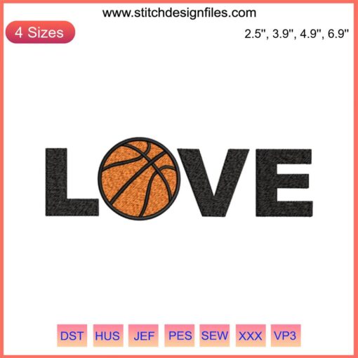 Colorful Love Basketball Embroidery Design featuring basketball motif, perfect for basketball lover gifts, digital stitching decor.
