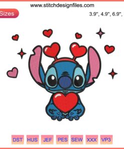 Disney Valentine's Day Stitch Embroidery Design: Cute heart motif, perfect for digital stitching projects, romantic gift.