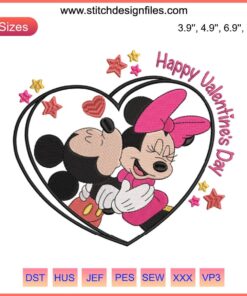 Mickey and Minnie Kiss Embroidery Design: Romantic Valentine's Day Digital Stitching, Disney-inspired.