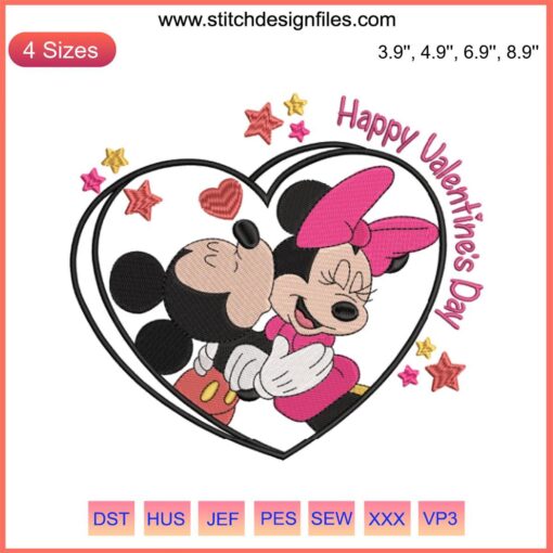 Mickey and Minnie Kiss Embroidery Design: Romantic Valentine's Day Digital Stitching, Disney-inspired.