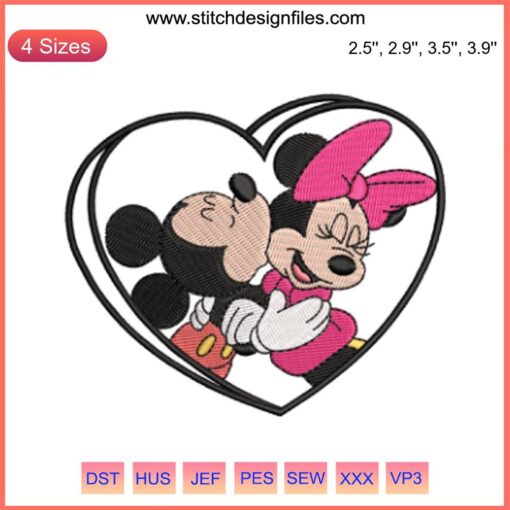 Mickey Kiss Minnie in Heart Embroidery Design | Disney Valentine's Digital Stitching | Romantic Cartoon Couple Embroidery