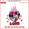Mickey and Minnie kissing with castle backdrop, Valentine Disney embroidery design. Perfect for romantic digital stitching projects.