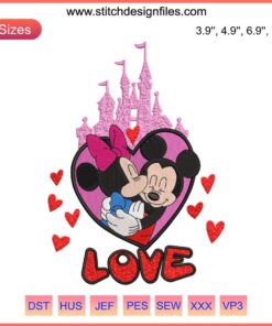 Mickey and Minnie kissing with castle backdrop, Valentine Disney embroidery design. Perfect for romantic digital stitching projects.