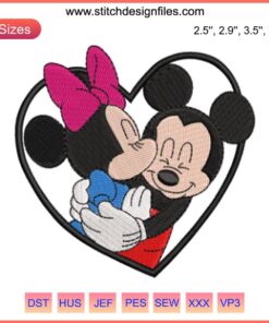 Minnie Kiss Mickey in Heart Embroidery Design; Disney Valentine's Day Stitching, Romantic Digital Pattern, Iconic Love Scene.