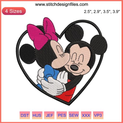 Minnie Kiss Mickey in Heart Embroidery Design; Disney Valentine's Day Stitching, Romantic Digital Pattern, Iconic Love Scene.
