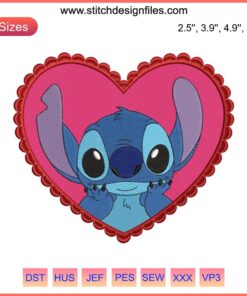 Adorable Disney Stitch in Heart Embroidery Design for Valentine's Day Digital Stitching, perfect for crafts and decor.