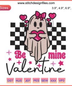 Cute Valentine's Day Ghost Embroidery Design: Adorable ghost holding heart with "Be Mine" text, perfect for digital stitching.