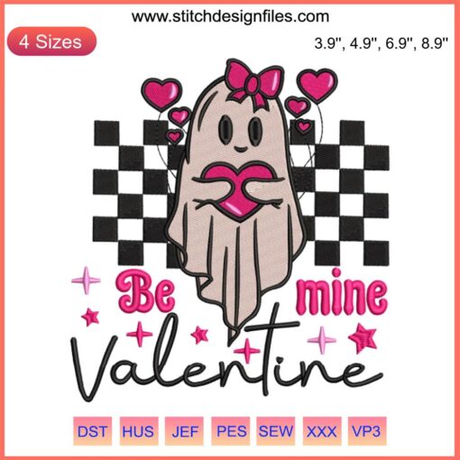 Cute Valentine's Day Ghost Embroidery Design: Adorable ghost holding heart with "Be Mine" text, perfect for digital stitching.