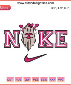 Cute Nike Ghost Holding Heart Embroidery Design | Valentine Ghost Digital Stitching | Fun Ghost Embroidery Pattern