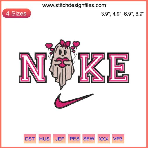 Cute Nike Ghost Holding Heart Embroidery Design | Valentine Ghost Digital Stitching | Fun Ghost Embroidery Pattern