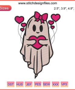 Adorable ghost with heart embroidery design, perfect for funny Valentine digital stitching projects and crafts.