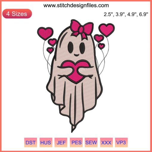 Adorable ghost with heart embroidery design, perfect for funny Valentine digital stitching projects and crafts.
