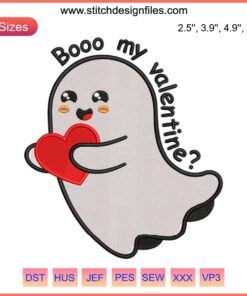 Cute ghost with heart, "Be My Valentine" text, embroidery design, funny digital stitching. Valentine's Day-themed, playful ghost.