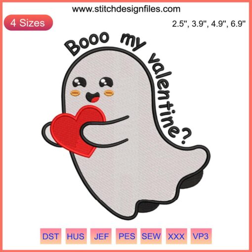 Cute ghost with heart, "Be My Valentine" text, embroidery design, funny digital stitching. Valentine's Day-themed, playful ghost.