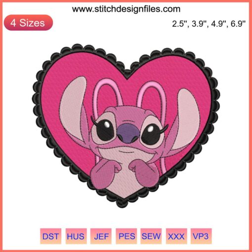 Disney Angel Heart Embroidery Design: Adorable Valentine's Day Stitch, Cute Angel in Heart, Perfect for Disney Lovers, Digital Download.